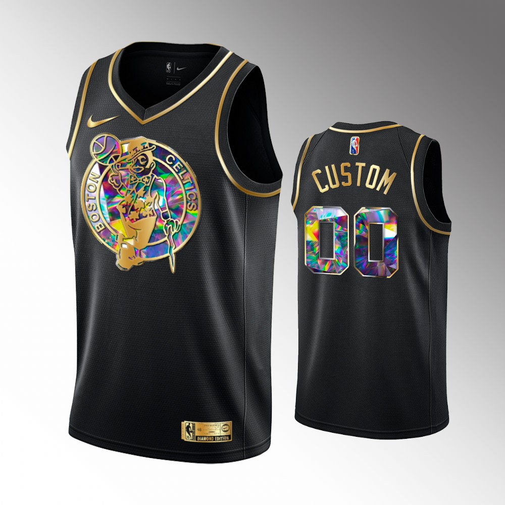 Men's Boston Celtics Custom #00 NBA 75TH Diamond Black Golden Edition Jersey 2401LVWA
